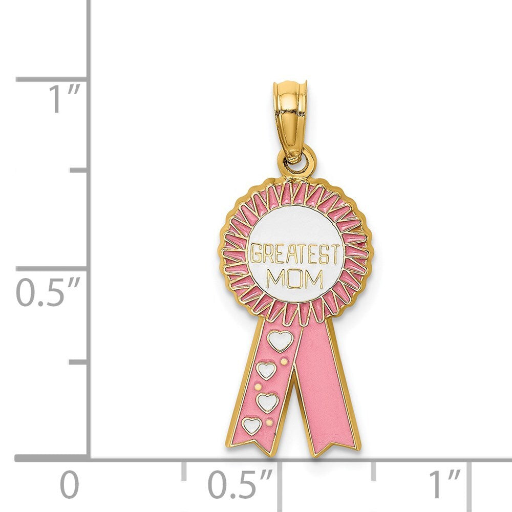 14k Yellow Gold Enamel GREATEST MOM Pink RIBBON Charm Pendant for Women