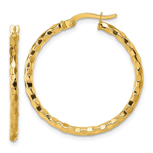 14k Yellow Gold Polished 2.3 x 30mm Textured Tube Hoop Earrings