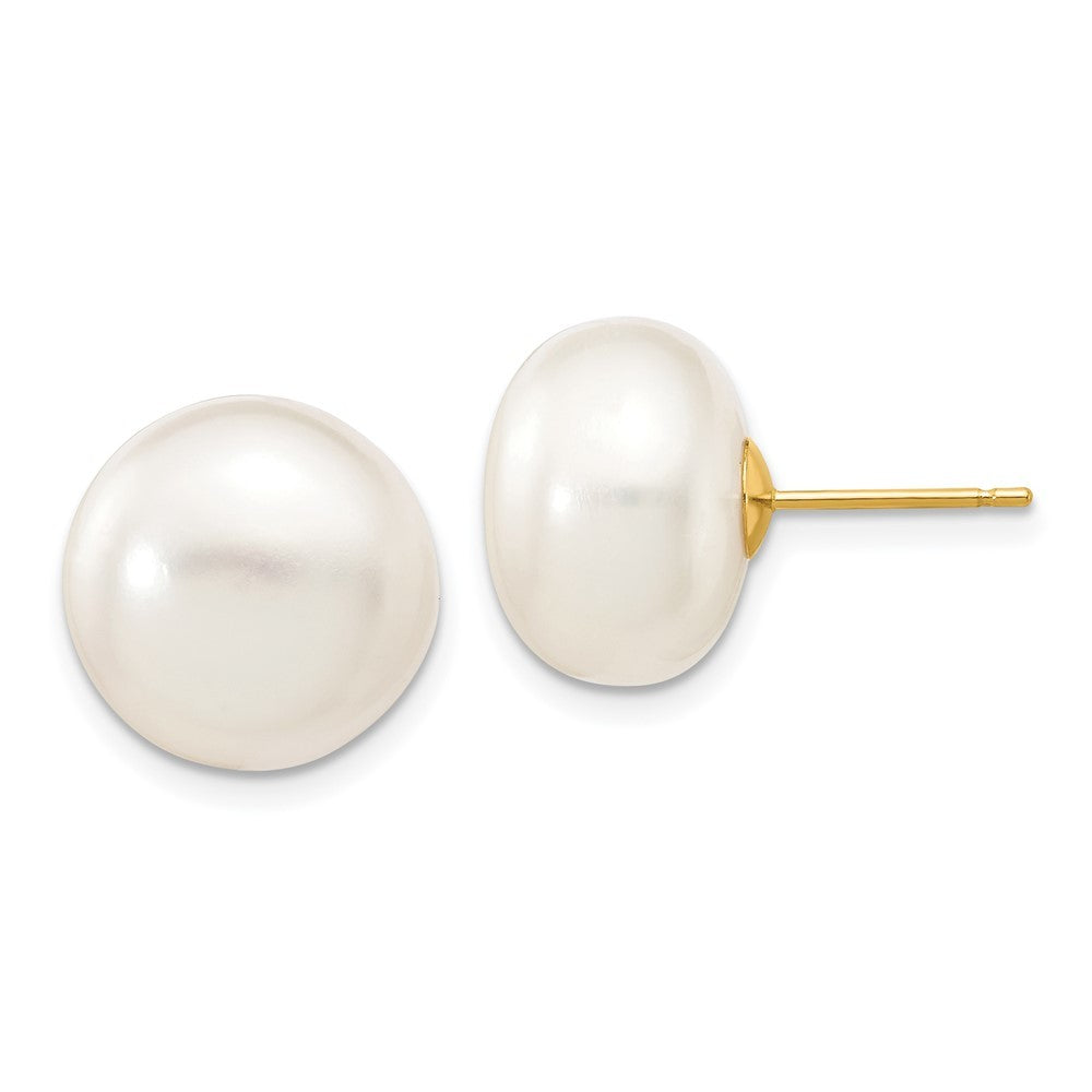 14k Yellow Gold 12-13mm White Button Freshwater Cultured Pearl Stud Earrings