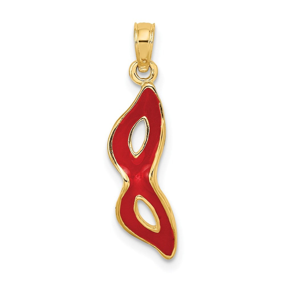 14k Yellow Gold 3-D and Beveled W/Red Enamel Masquerade Mask Pendant