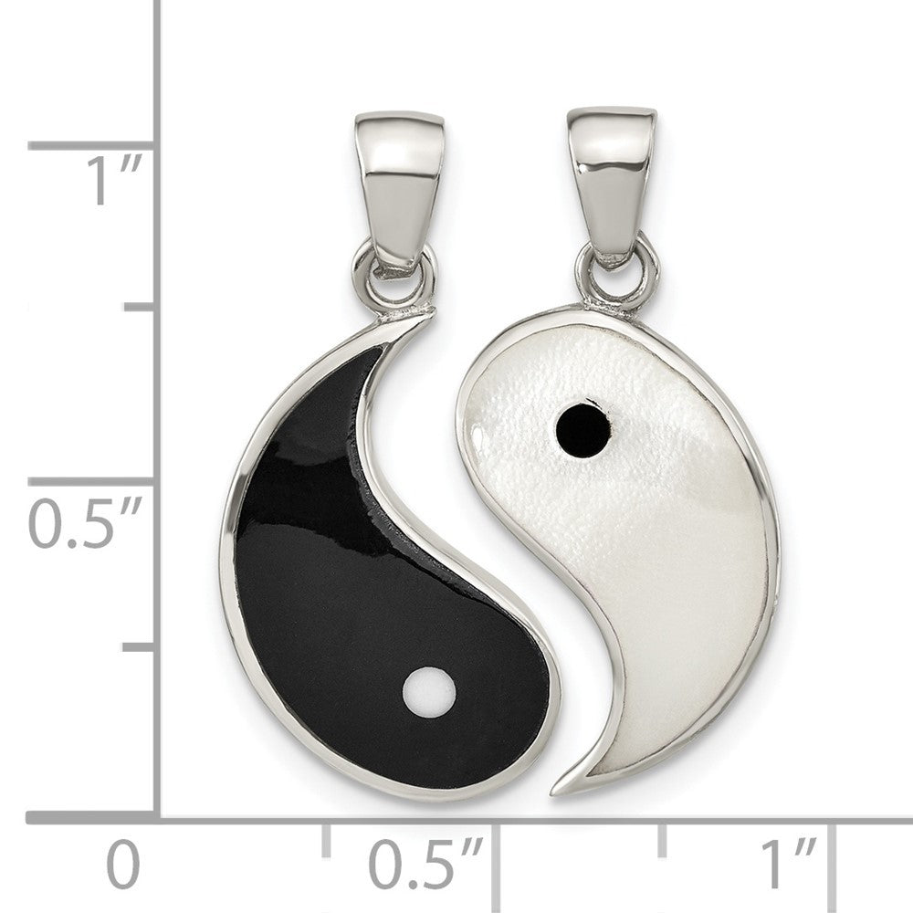 Sterling Silver Rhod-pltd MOP Black Resin Yin Yang 2 Piece Pendant