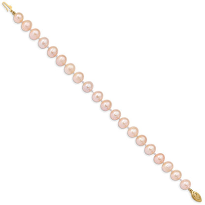 14k Yellow Gold 8-9mm Pink Near-Round Freshwater Cultured Pearl 7.5" Bracelet