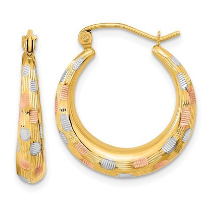 14k Yellow Gold White and Rose Rhodium Polished Satin Diamond-cut Hoop Earrings