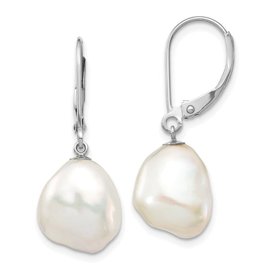 14k White Gold 10x13mm White Keshi Freshwater Cultured Pearl Dangle Earrings