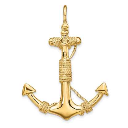 14k Yellow Gold 3-D Solid Anchor with Rope Pendant