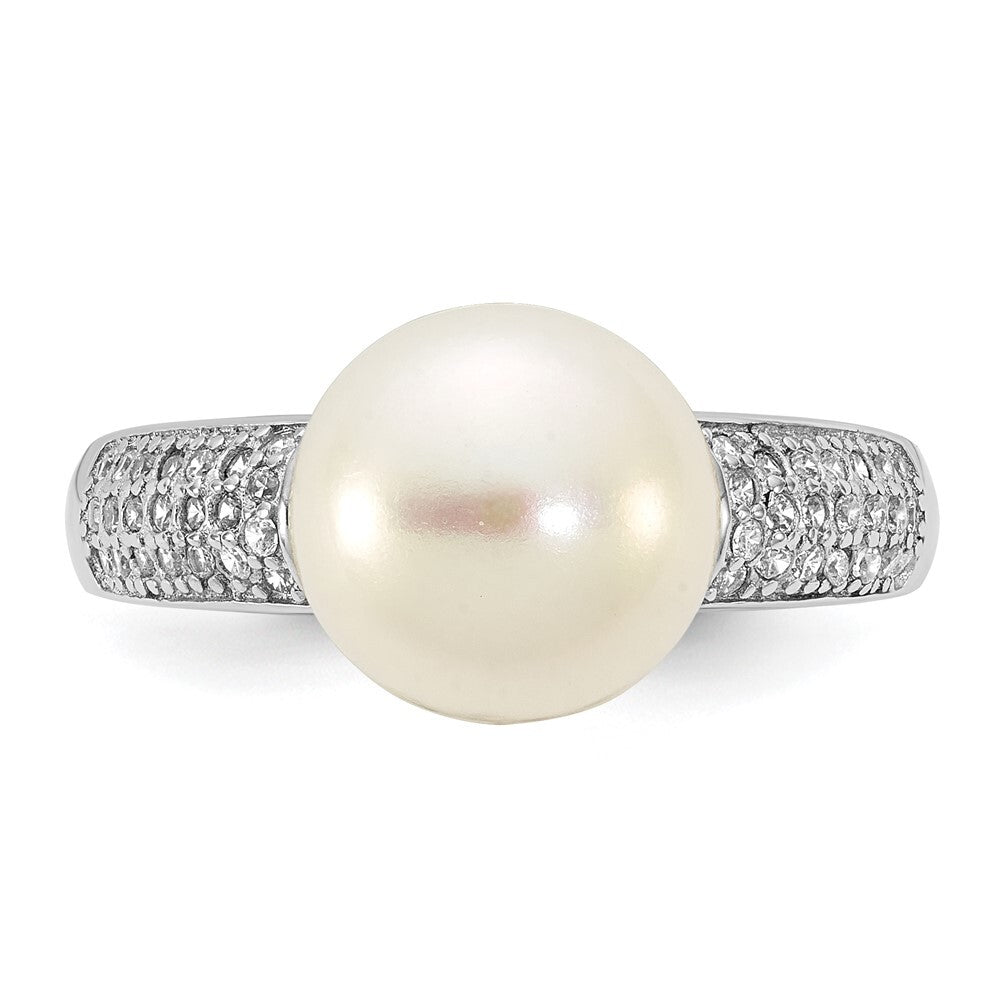 Sterling Silver 9-10mm White Button Freshwater Cultured Pearl and CZ Ring Size 7