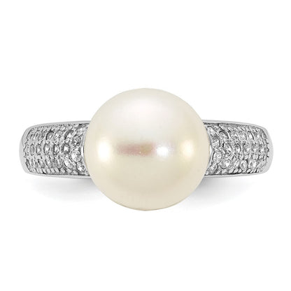 Sterling Silver 9-10mm White Button Freshwater Cultured Pearl and CZ Ring Size 7