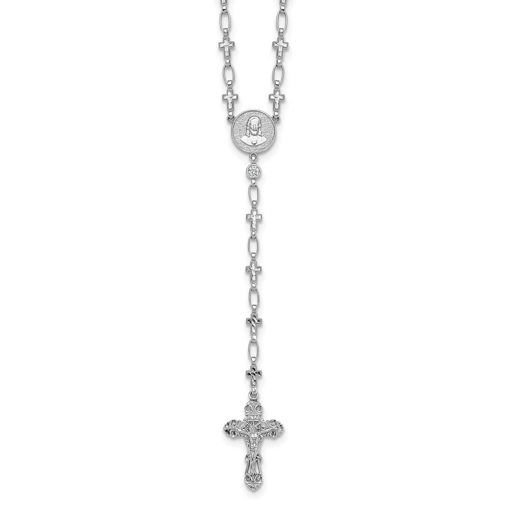 Sterling Silver Polished Cubic Zirconia Diamond-cut Cross Rosary Necklace 30.5"