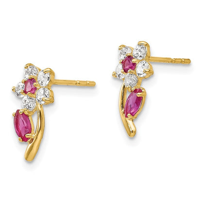 14k Yellow Gold Clear & Red Cubic Zirconia Flower Stud Earrings Gift for Women
