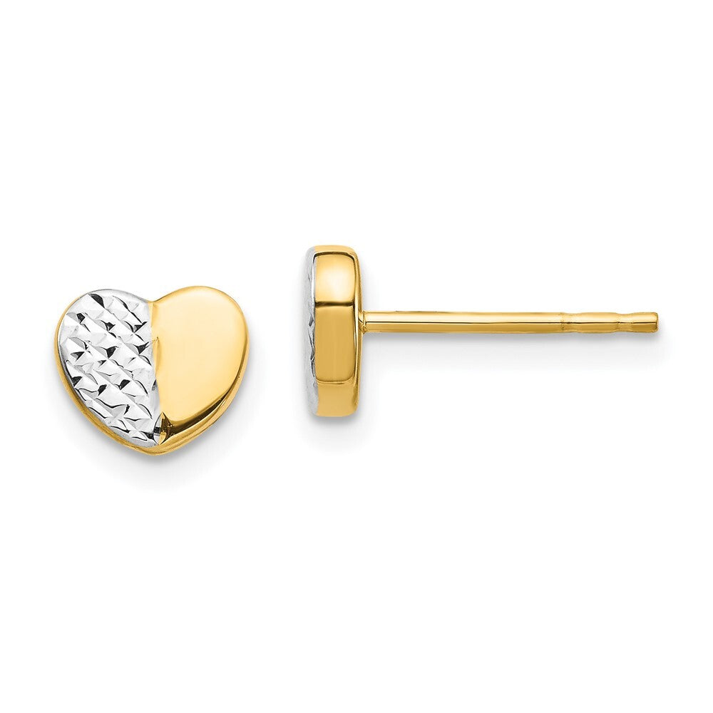 14k Yellow Gold & Rhodium Diamond-Cut Heart Stud Earrings Gift for Women