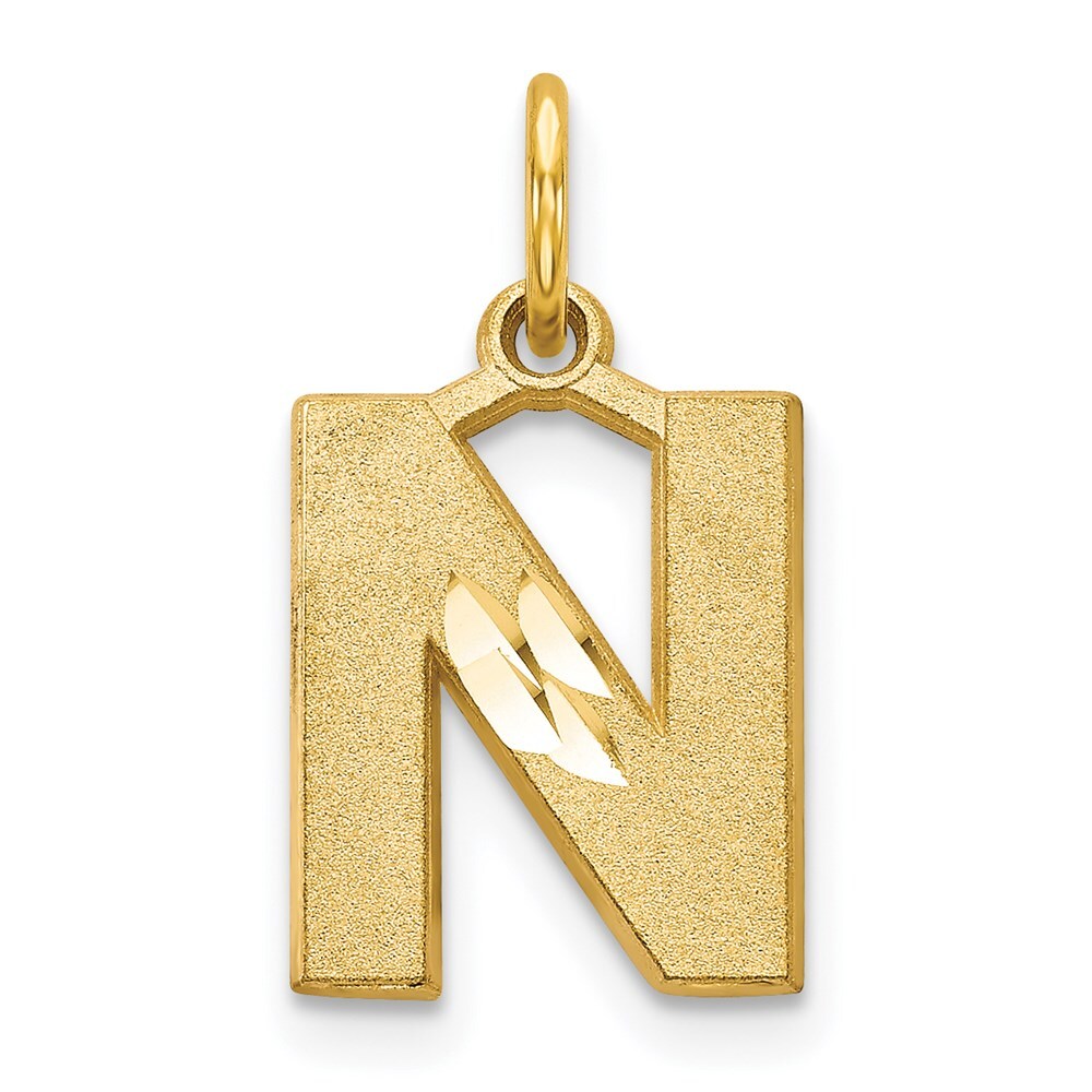 14k Yellow Gold Satin Diamond-cut Letter N Initial Charm Pendant for Women