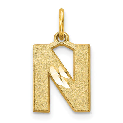14k Yellow Gold Satin Diamond-cut Letter N Initial Charm Pendant for Women