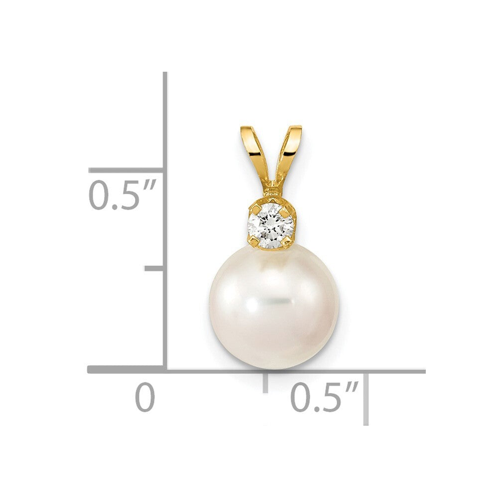 14k Yellow Gold 9mm White Akoya Saltwater Cultured Pearl 1/10ct Diamond Pendant