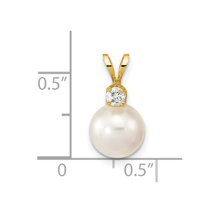 14k Yellow Gold 9mm White Akoya Saltwater Cultured Pearl 1/10ct Diamond Pendant