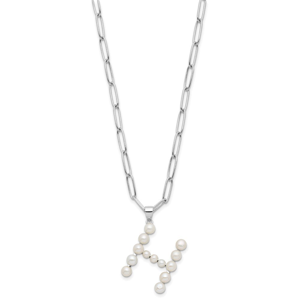 Sterling Silver 3-5.5mm White Button Cultured Pearl LETTER H Necklace 18"