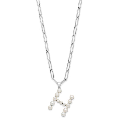 Sterling Silver 3-5.5mm White Button Cultured Pearl LETTER H Necklace 18"