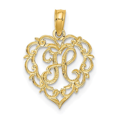 14k Yellow Gold Heart Script Letter H Initial Charm