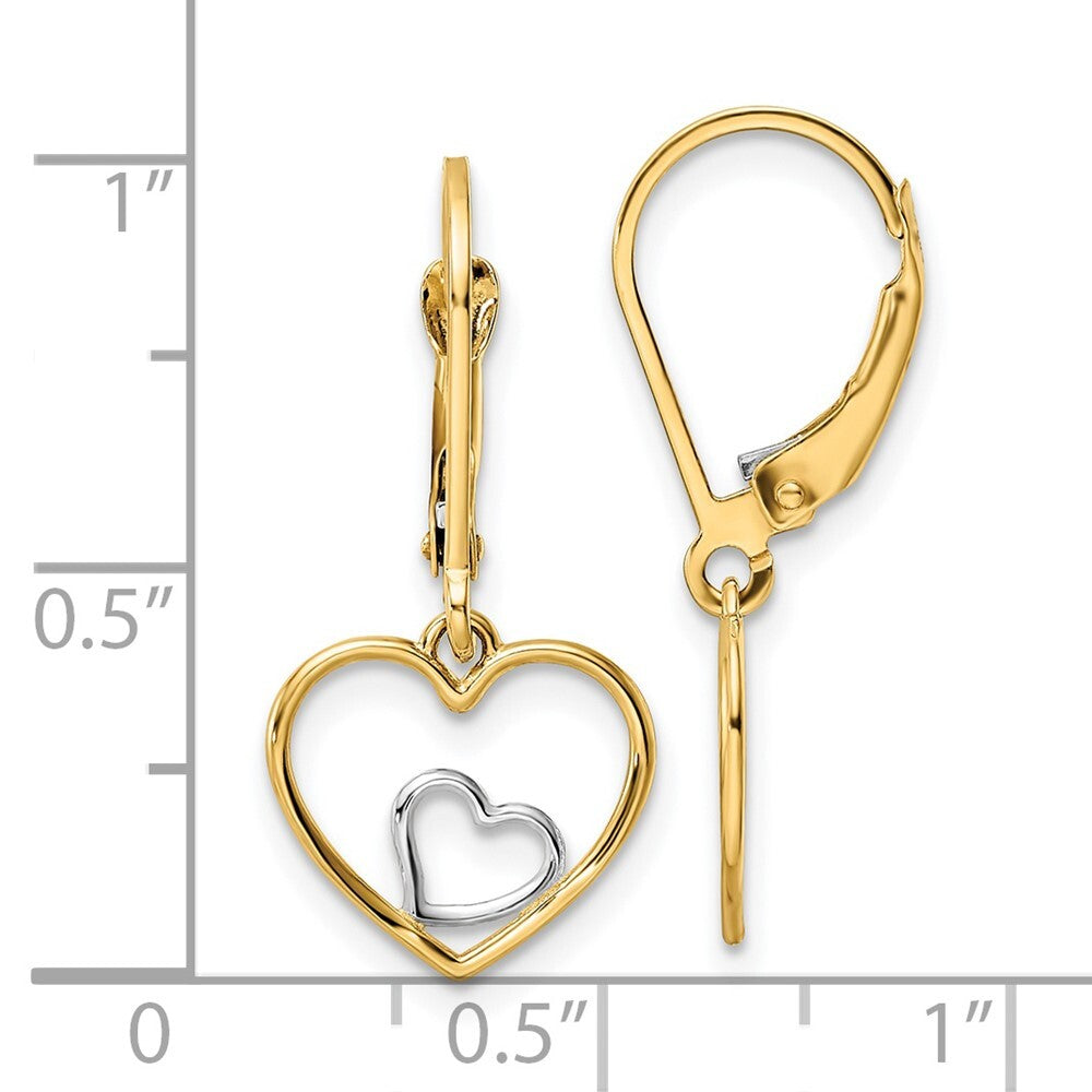 14k Yellow Gold Rhodium Heart in Heart Leverback Dangle Earrings