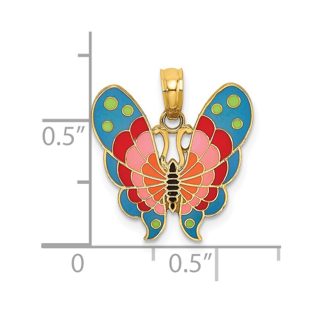 14k Yellow Gold  Multi-Color Enamel Butterfly Charm Pendant for Women
