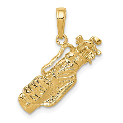 14k Yellow Gold Solid Polished Open-Backed Golf Bag with Clubs Charm Pendant