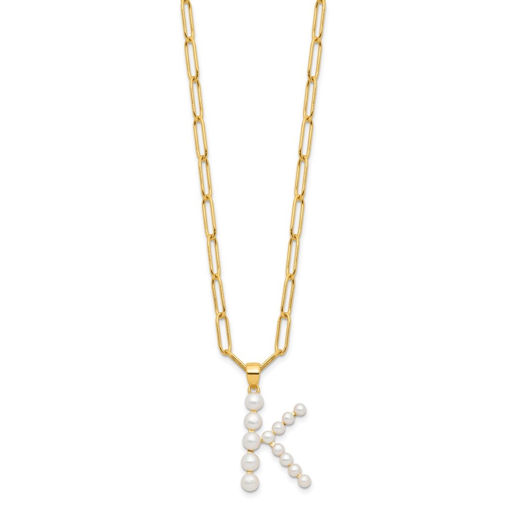 Sterling Silver 3-5.5mm White Button Cultured Pearl LETTER K Necklace 18"