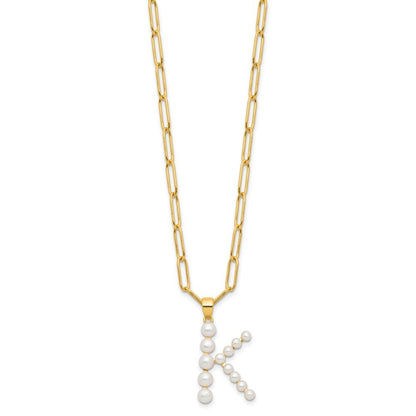 Sterling Silver 3-5.5mm White Button Cultured Pearl LETTER K Necklace 18"