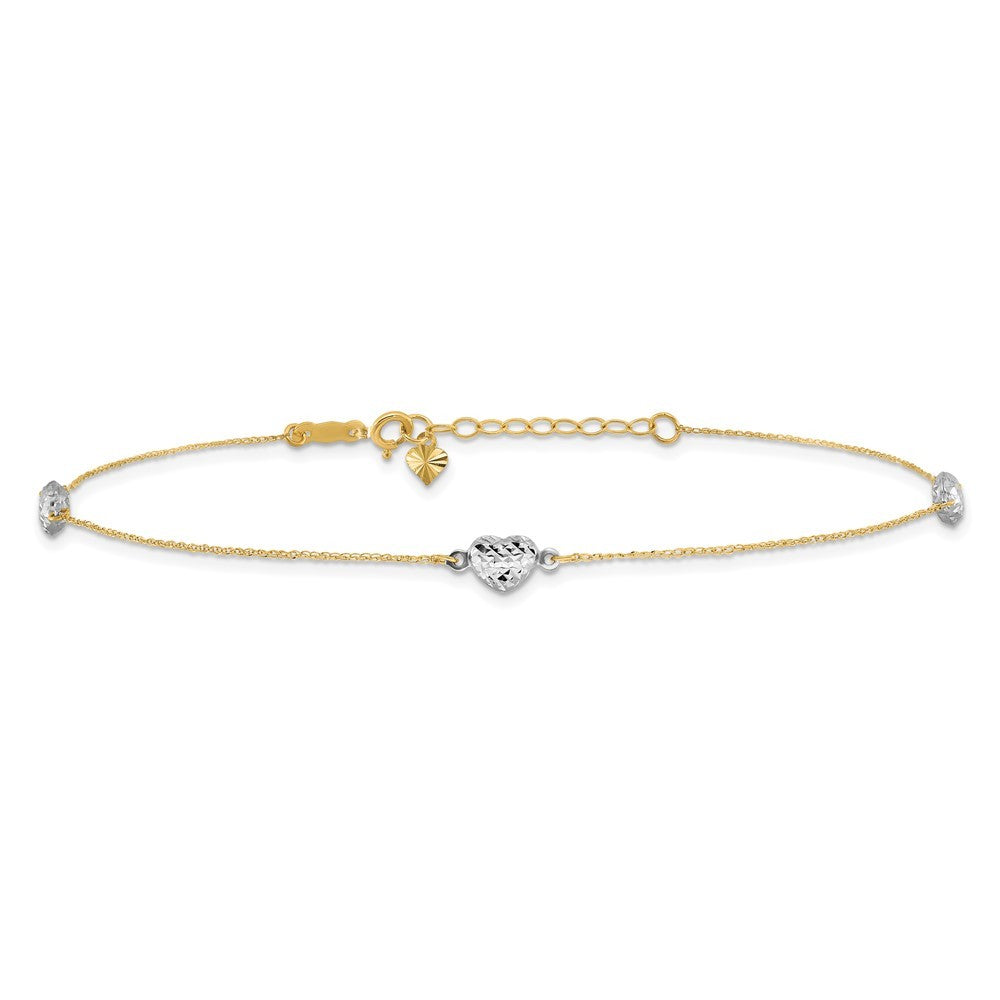 14k Two-tone Diamond-cut Triple Puffed Hearts 10" Anklet