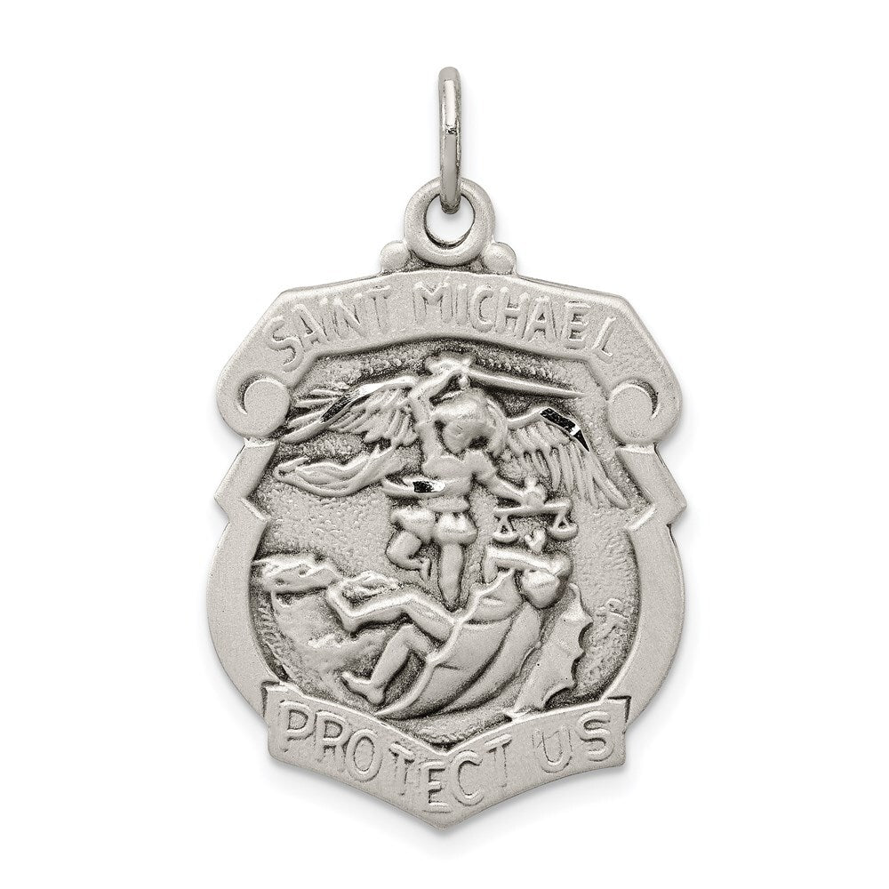 Sterling Silver Antiqued Diamond-cut St. Michael Badge Medal Pendant