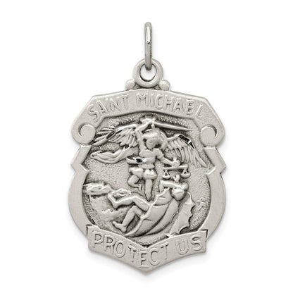 Sterling Silver Antiqued Diamond-cut St. Michael Badge Medal Pendant