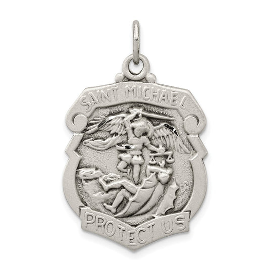 Sterling Silver Antiqued Diamond-cut St. Michael Badge Medal Pendant