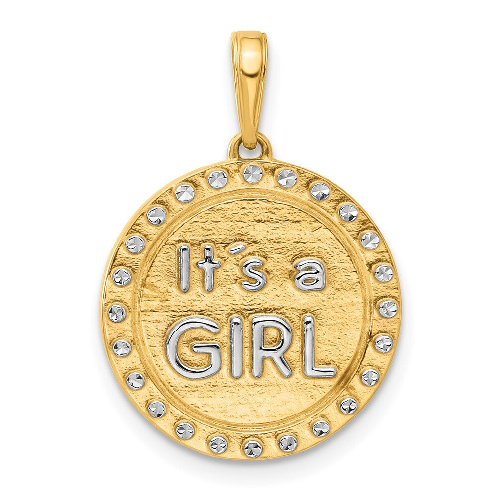 14k Yellow Gold and White Rhodium Diamond-Cut It's A Girl Pendant for Women