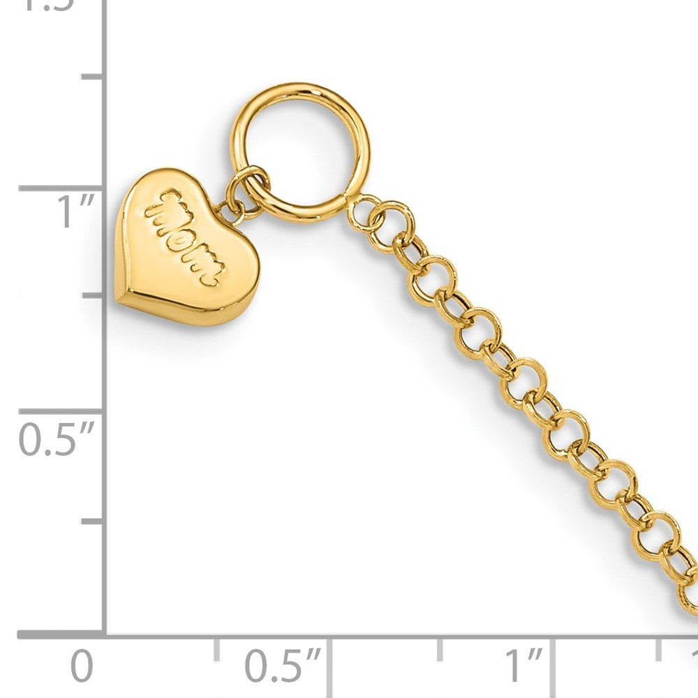 14k Yellow Gold Puffed MOM Heart Dangle 7.5 inch Toggle Bracelet