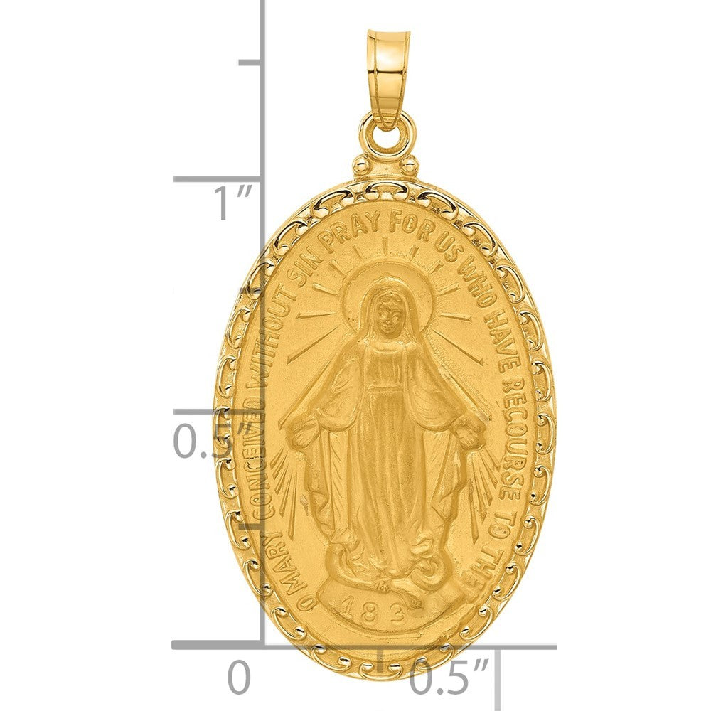 14k Yellow Gold Satin and Polished Miraculous Medal Solid Oval Pendant