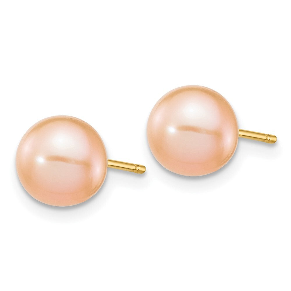 14k Yellow Gold 7-8mm Pink Round Freshwater Cultured Pearl Stud Earrings