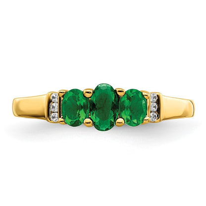 14K Yellow Gold Polished Triple Emerald and Diamond 3-stone Ring Size 7