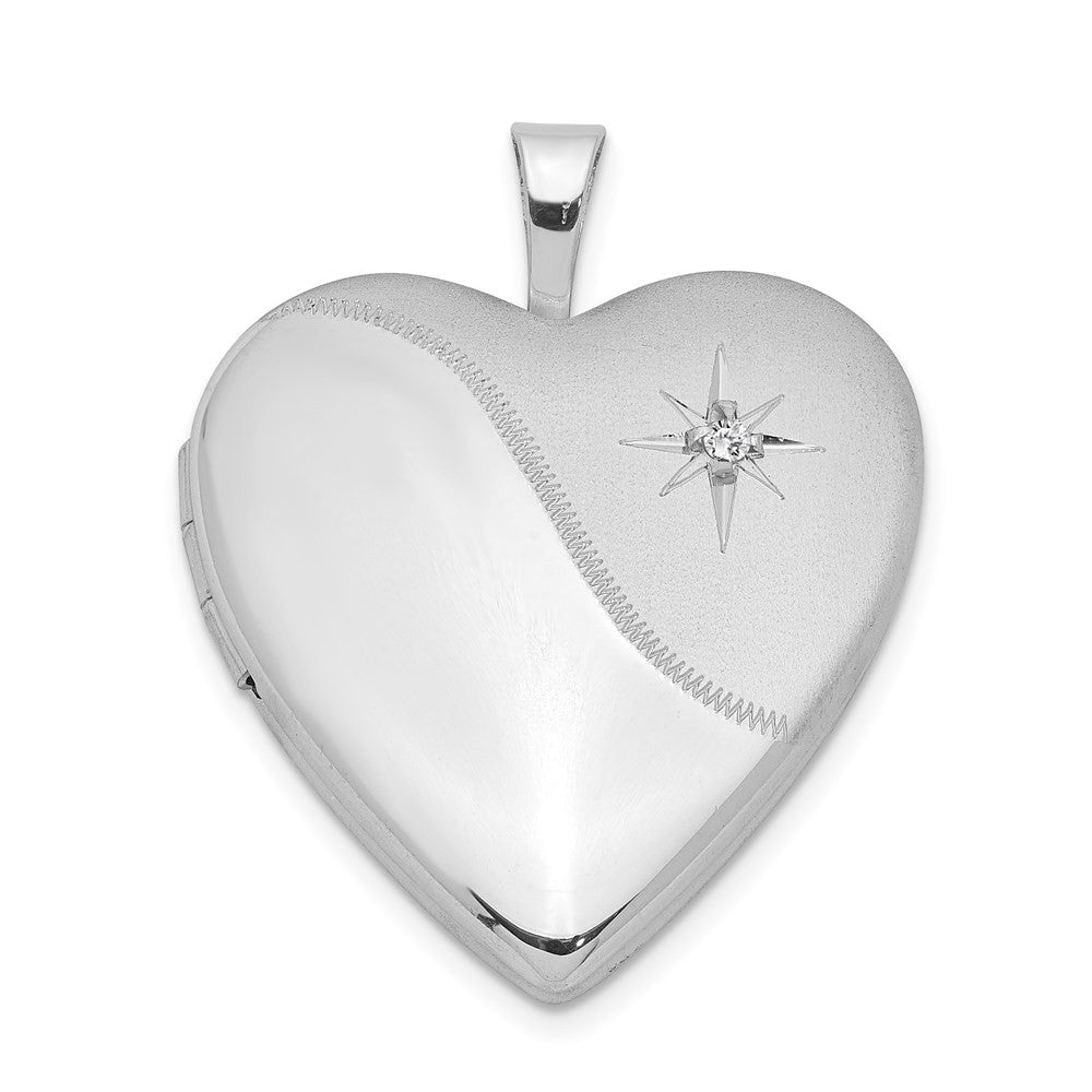 Sterling Silver Rhodium-plated Diamond Star Satin Polished Heart Locket