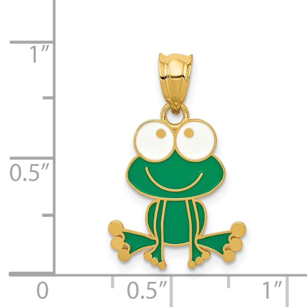 14k Yellow Gold Green and White Enameled Frog Pendent for Women