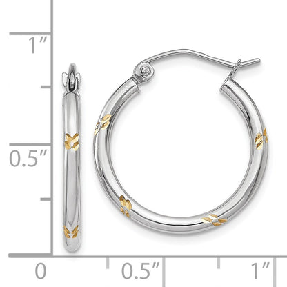 14k White Gold and Yellow Rhodium Diamond-Cut Hoop Earrings Gift for Women