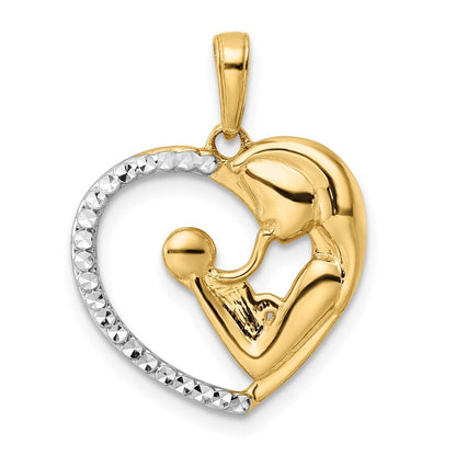 14k Yellow Gold and White Rhodium Diamond-cut Mother and Baby Heart Pendant