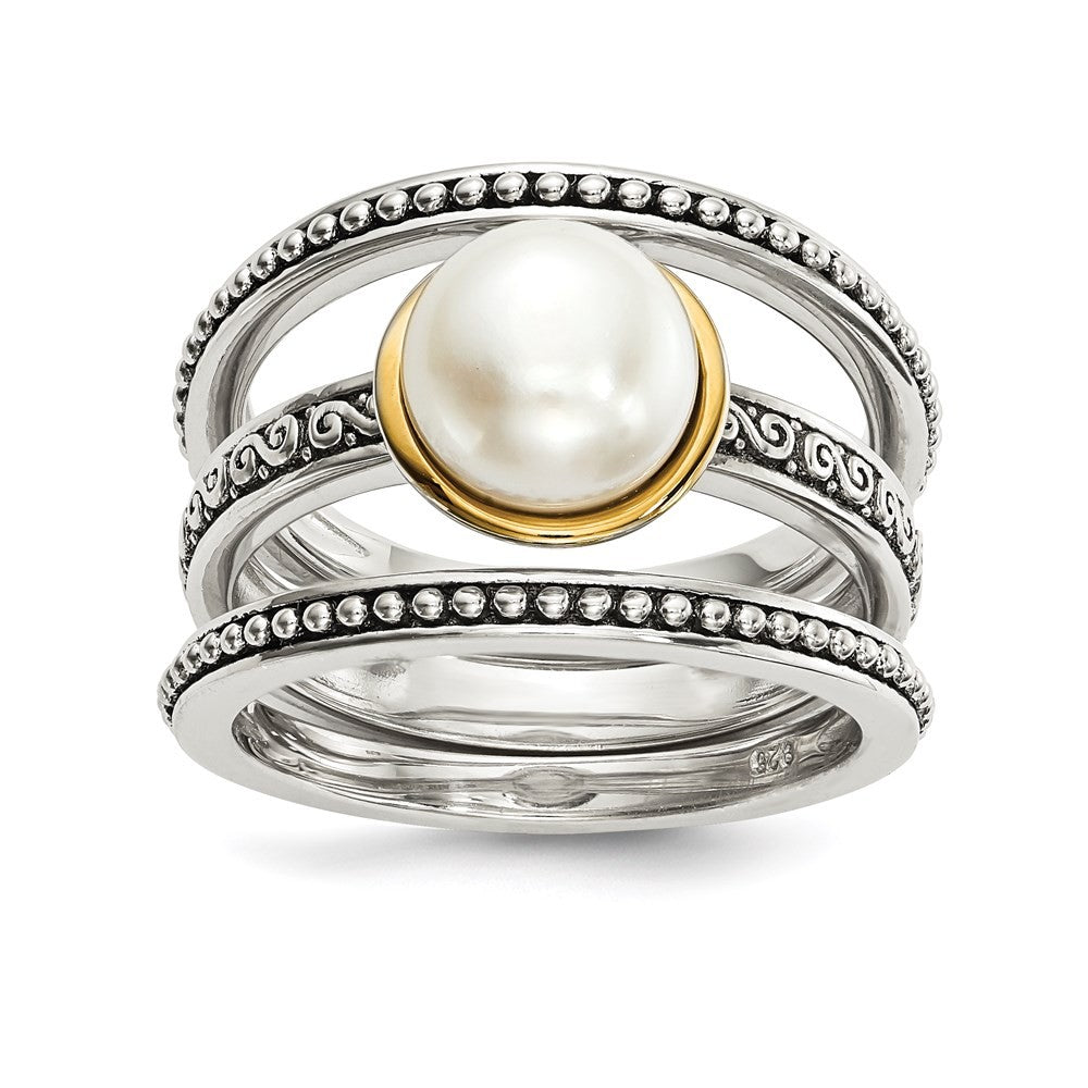 Sterling Silver 14k Antiqued 8mm Button FWC Pearl Set of 3 Ring Sz 7