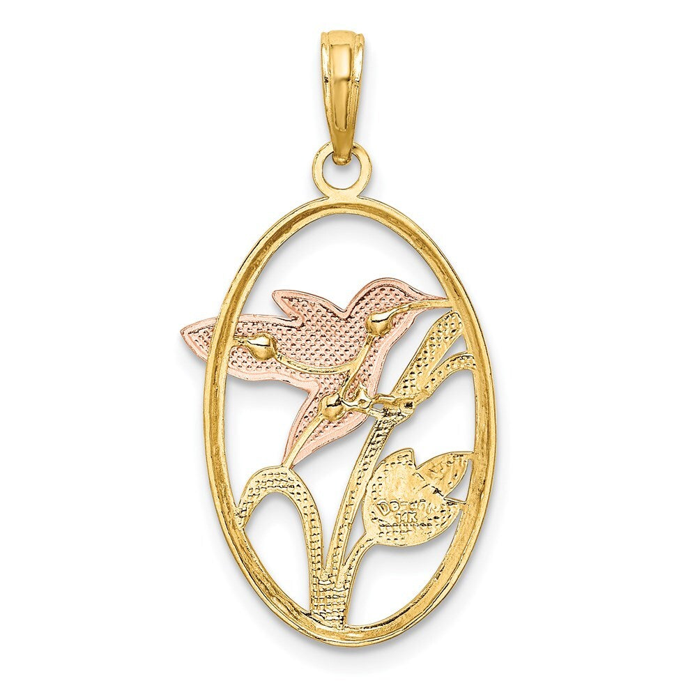 14k Two-tone Gold White Rhodium Hummingbird Flowers In Oval Frame Charm Pendant