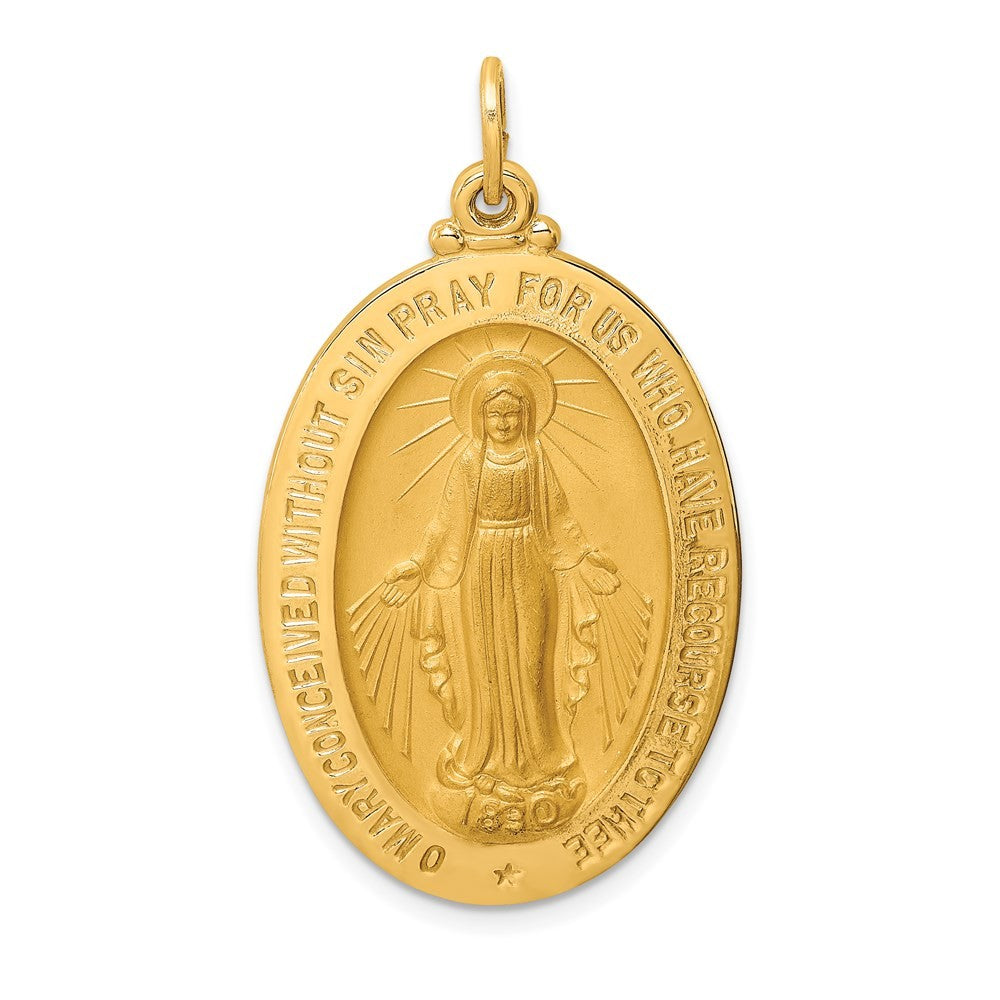 14k Yellow Gold Solid Polished Satin Large Oval Miraculous Medal