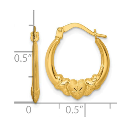 14k Yellow Gold Polished Brushed and Diamond-cut Heart Hoop Earrings