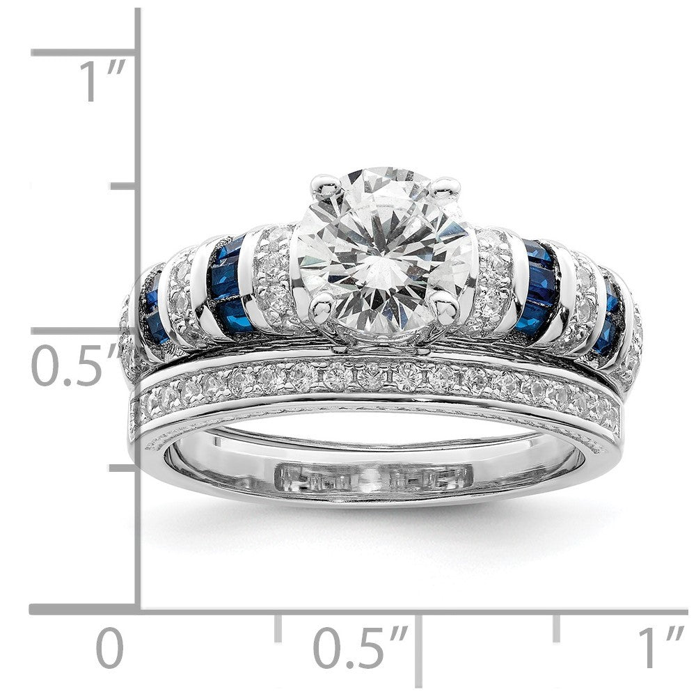 Sterling Silver Rhodium-plated Polished Blue & White CZ Engagement & Band Ring R