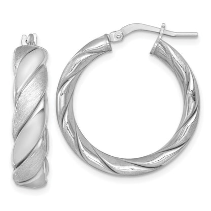 Sterling Silver Polished Brushed Textured 6.00mm x 26mm Tube Hoop Earrings