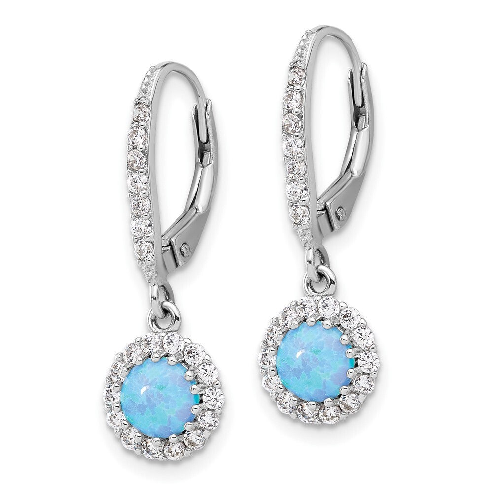 Sterling Silver Cubic Zirconia & Blue Cr. Opal Halo Dangle Leverback Earrings