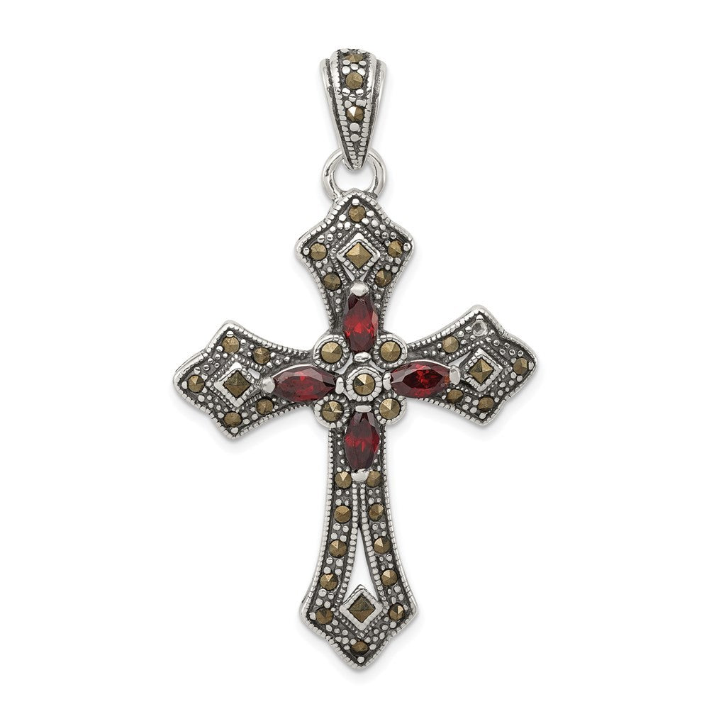 Sterling Silver Antiqued Red Marquise Cubic Zirconia Marcasite Cross Pendant