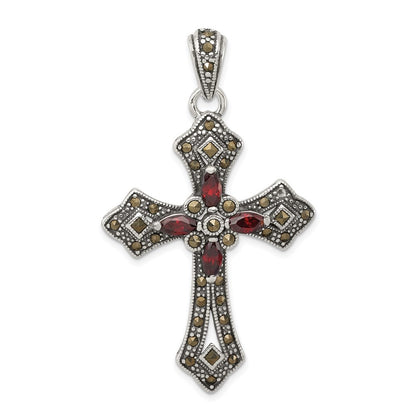Sterling Silver Antiqued Red Marquise Cubic Zirconia Marcasite Cross Pendant