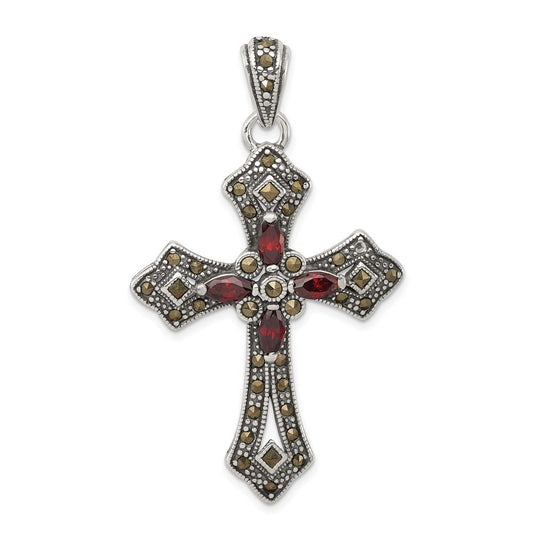 Sterling Silver Antiqued Red Marquise Cubic Zirconia Marcasite Cross Pendant
