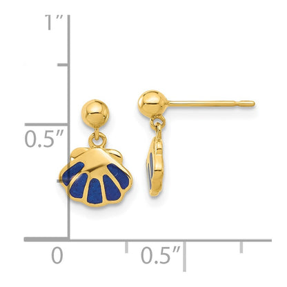 14k Yellow Gold Polished Blue Enameled Shell Dangle Earrings Gift for Women